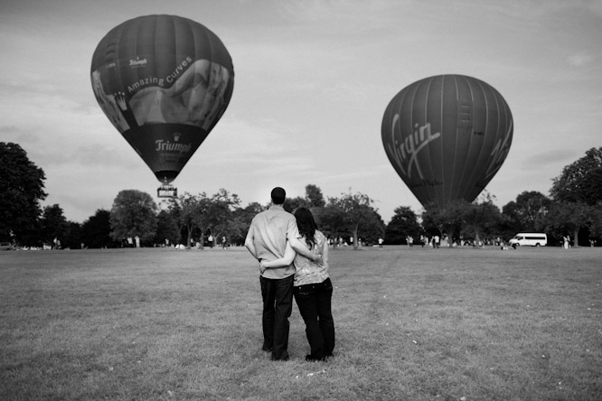 Engagement Shoot by hot air balloons in victoria park in bath