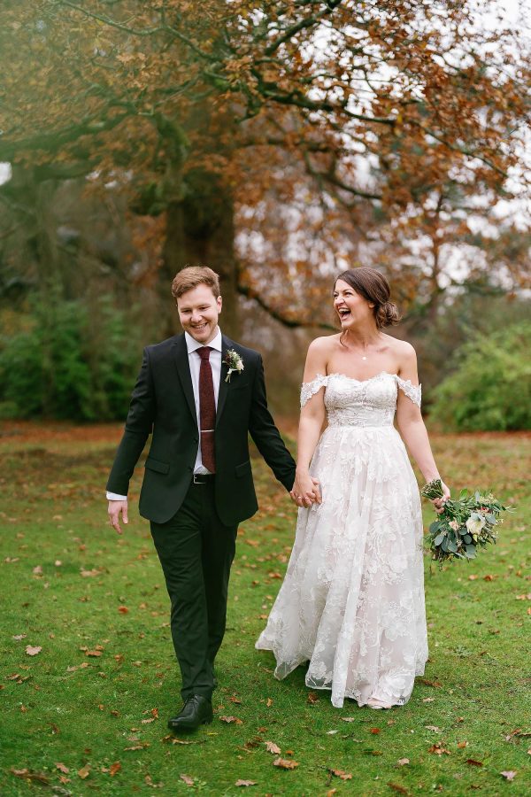 bride and groom walking together