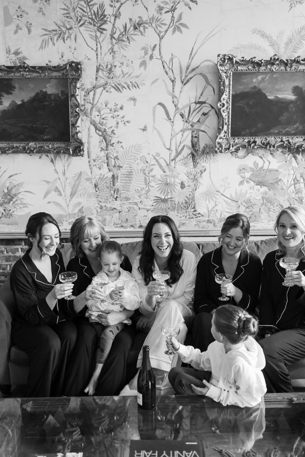 bride and bridesmaids getting ready