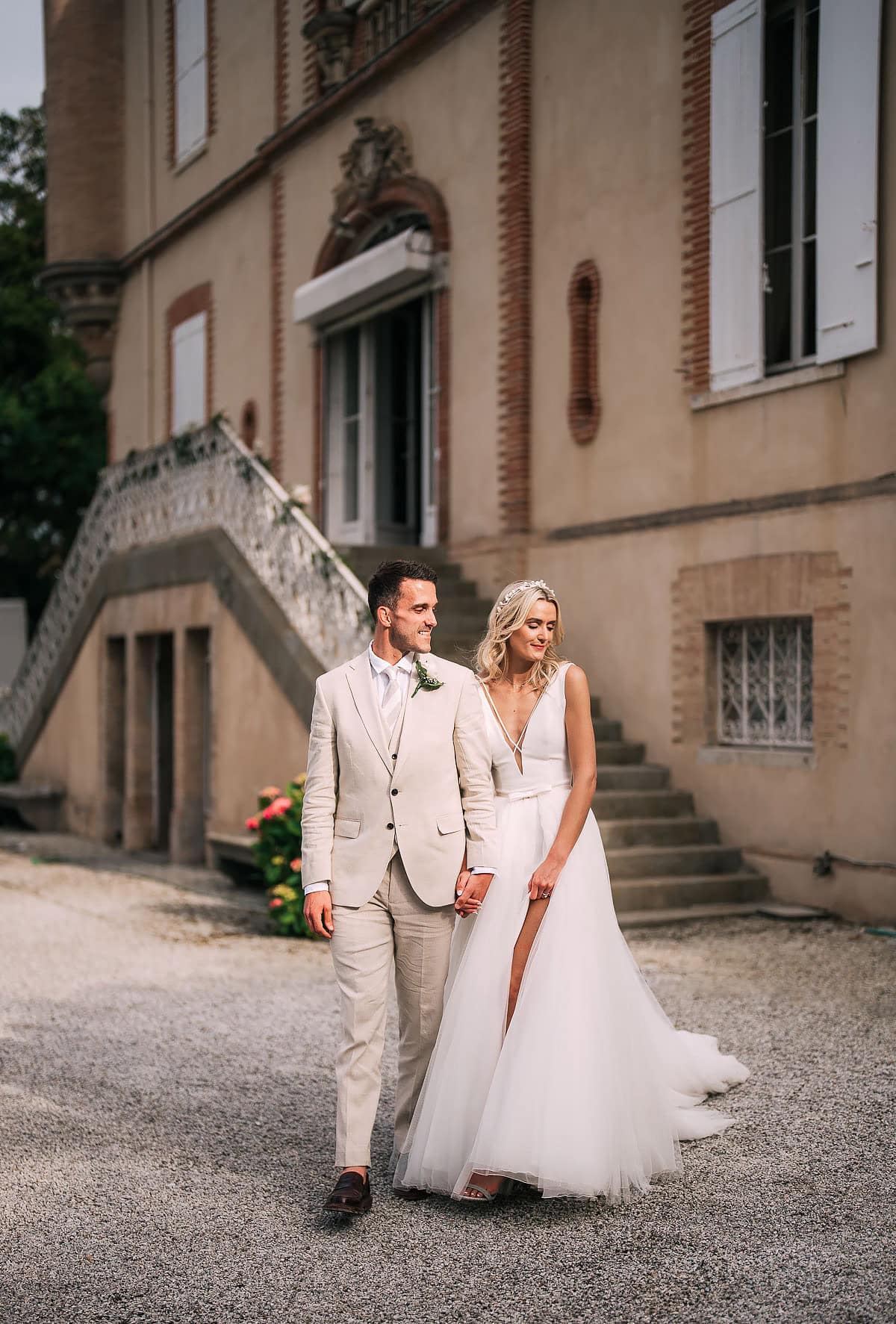 couple photos outside Chateau De Seyre