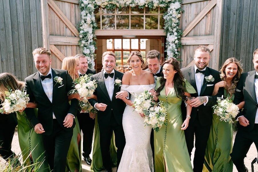 wedding party laughing