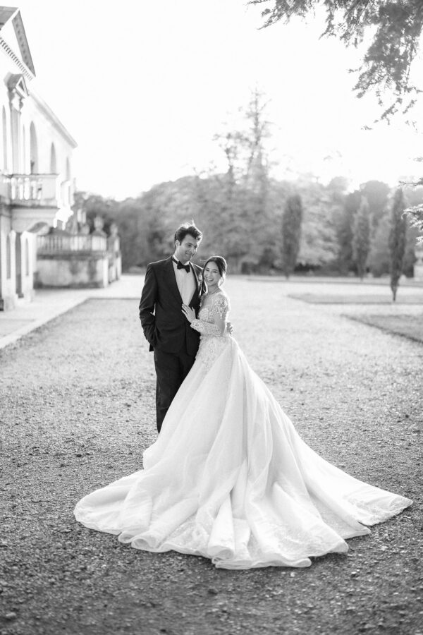 bride and groom looking at the camera