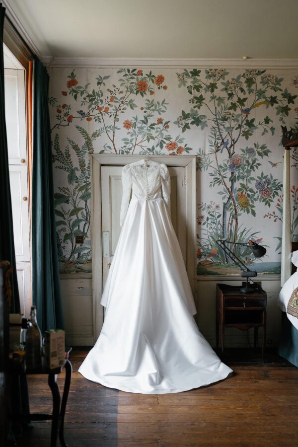 wedding dress hanging up