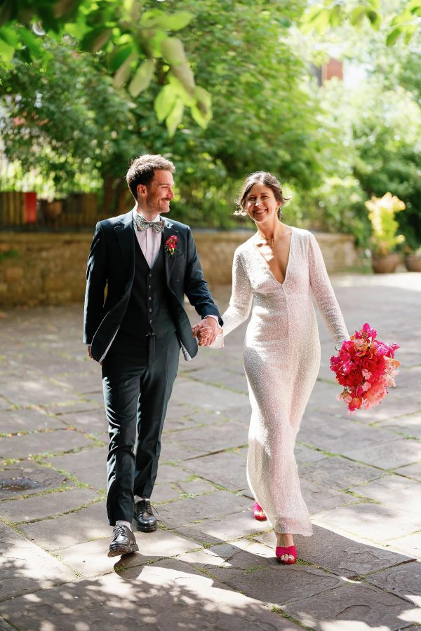 bride and groom walking together