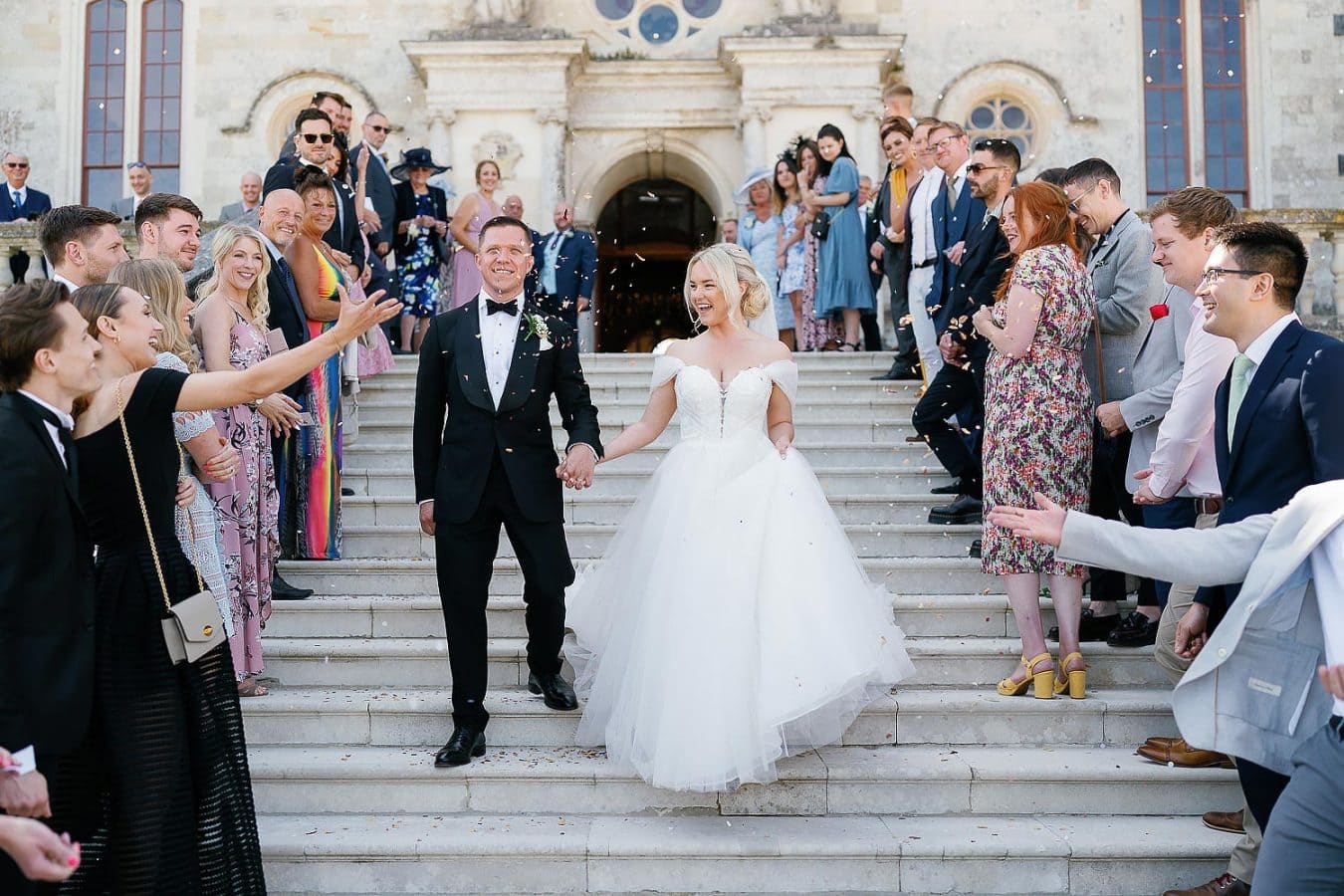 wedding confetti on castle steps