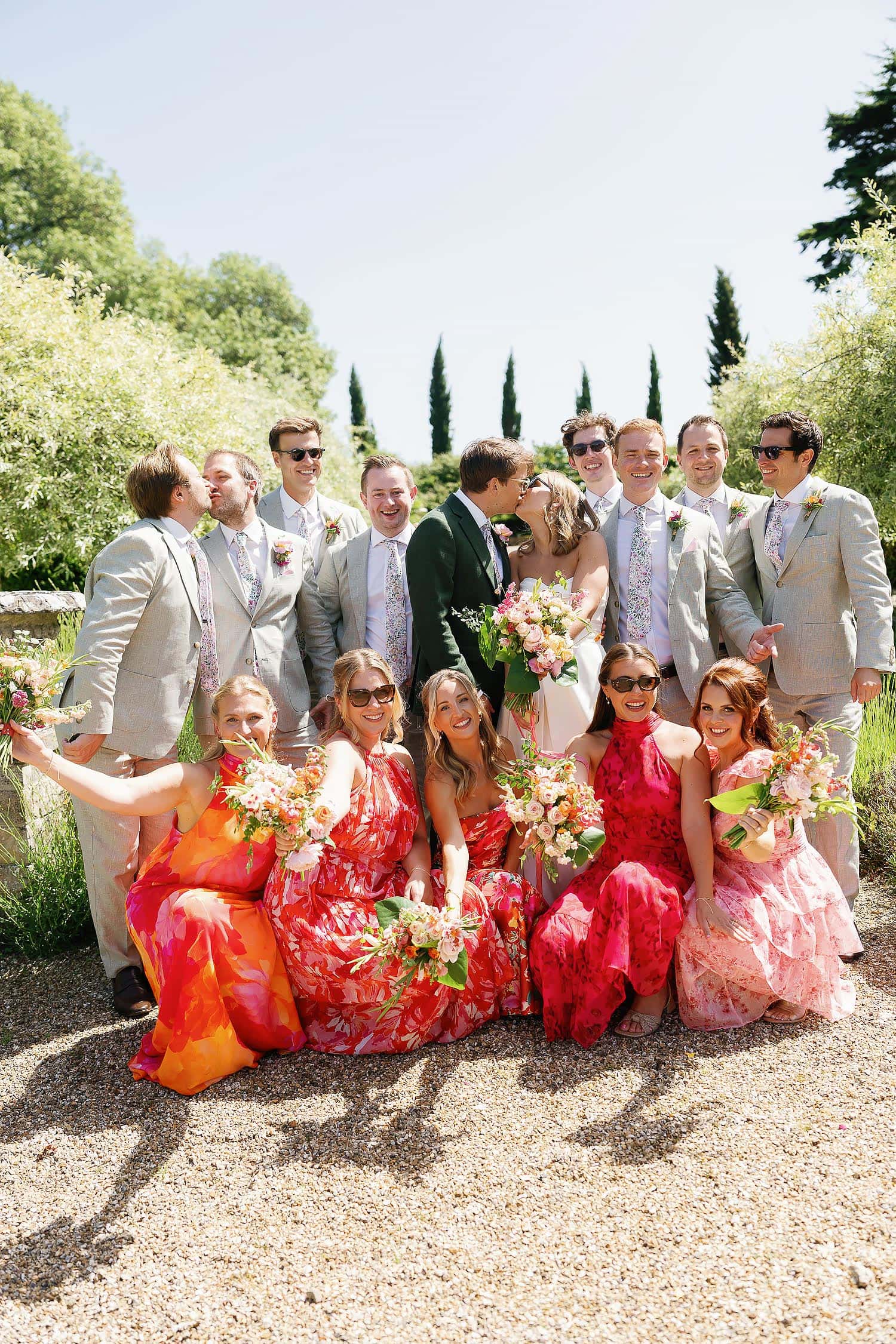 fun colourful wedding group photo